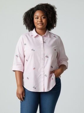 Allison Daley Pink Striped and Floral Embroidered Button Down Blouse